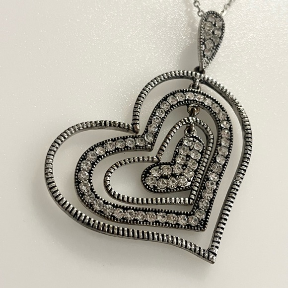 Rhinestone Layered Silver Tone Stacking Hearts Pendant Necklace - Picture 3 of 16